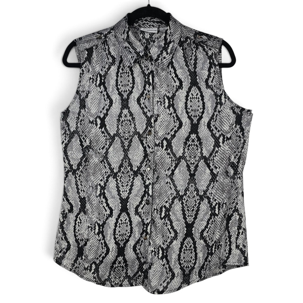 Liz Claiborne Top Womens Med Sleeveless Button Down Grey Snakeskin Animal Print
